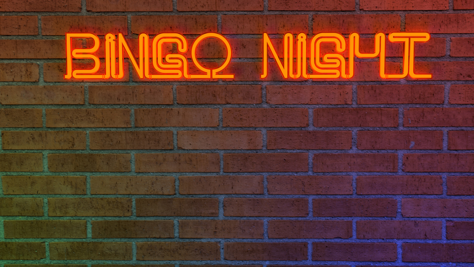 Neon text "BINGO NIGHT" on brick wall. 3d rendering.